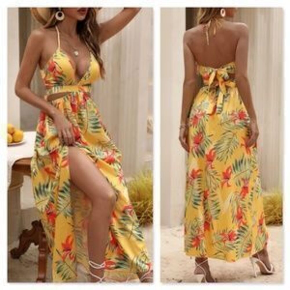 Yellow Boho Tropical Print Backless Maxi Dress V-Neck Floral Flared